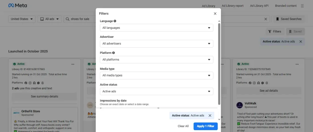 The filters of facebook ads library